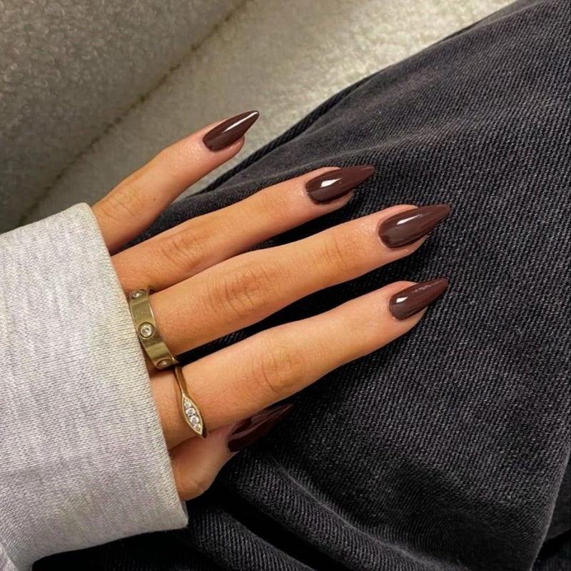 KQueenest Fall Nails - 48 Pcs Almond Press On Nails, Medium Length, Dark Brown, Solid Color, Stiletto, Gel Stick Ons for Women's Finger Decoration - Image 1