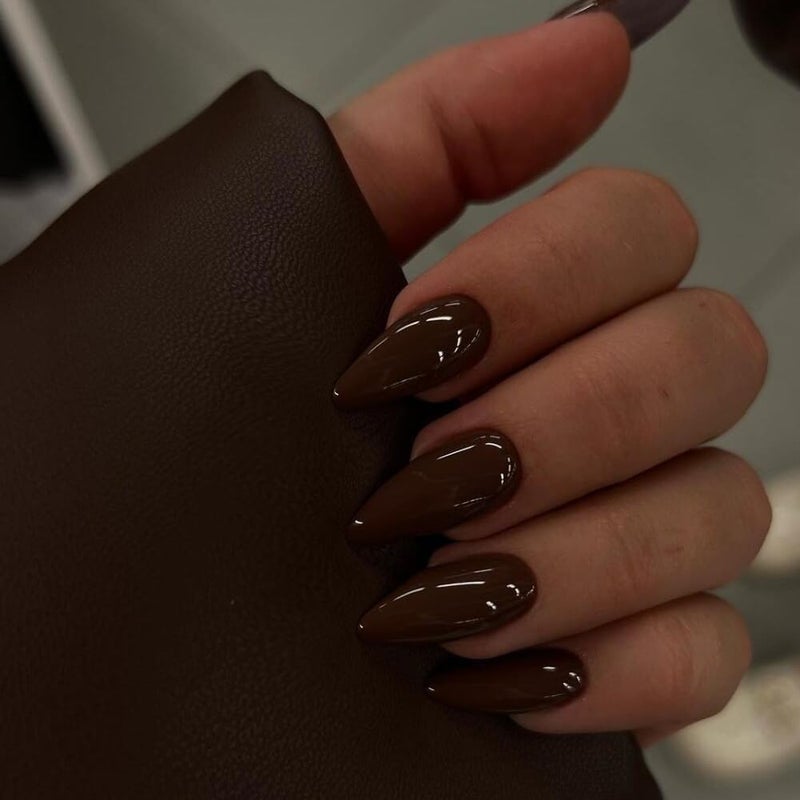 KQueenest Fall Nails - 48 Pcs Almond Press On Nails, Medium Length, Dark Brown, Solid Color, Stiletto, Gel Stick Ons for Women's Finger Decoration - Image 3