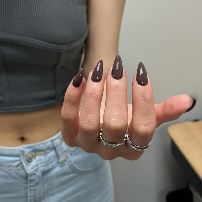 KQueenest Fall Nails - 48 Pcs Almond Press On Nails, Medium Length, Dark Brown, Solid Color, Stiletto, Gel Stick Ons for Women's Finger Decoration - Image 2