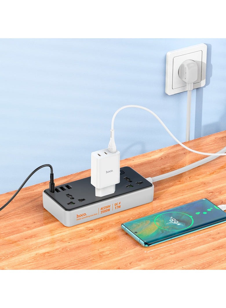 Hoco High-Power Hoco AC7B 2500W Safety Extension Socket with Surge Protection, Smart USB Charging, and Durable 3.0m Cable Design - Image 3