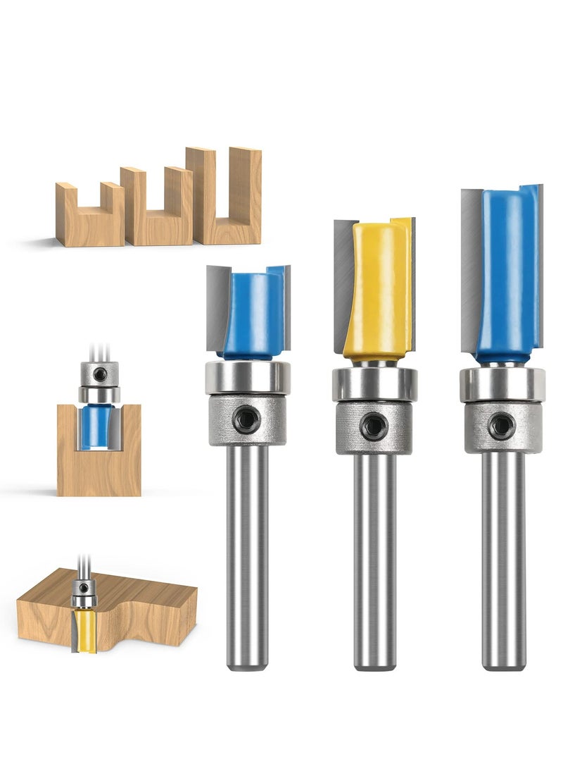 SOLARAE مجموعة بتات التوجيه المستقيمة، 3 قطع 1/4 شاك فلش تريم بت، مجموعة بتات فلش تريم للنمط، أداة قاطع الطحن مع محمل علوي للنجار DIY للأعمال الخشبية - Image 2