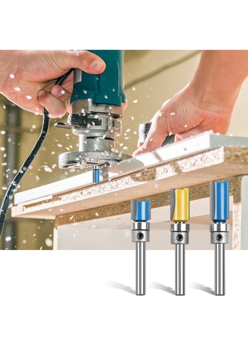 SOLARAE مجموعة بتات التوجيه المستقيمة، 3 قطع 1/4 شاك فلش تريم بت، مجموعة بتات فلش تريم للنمط، أداة قاطع الطحن مع محمل علوي للنجار DIY للأعمال الخشبية - Image 1