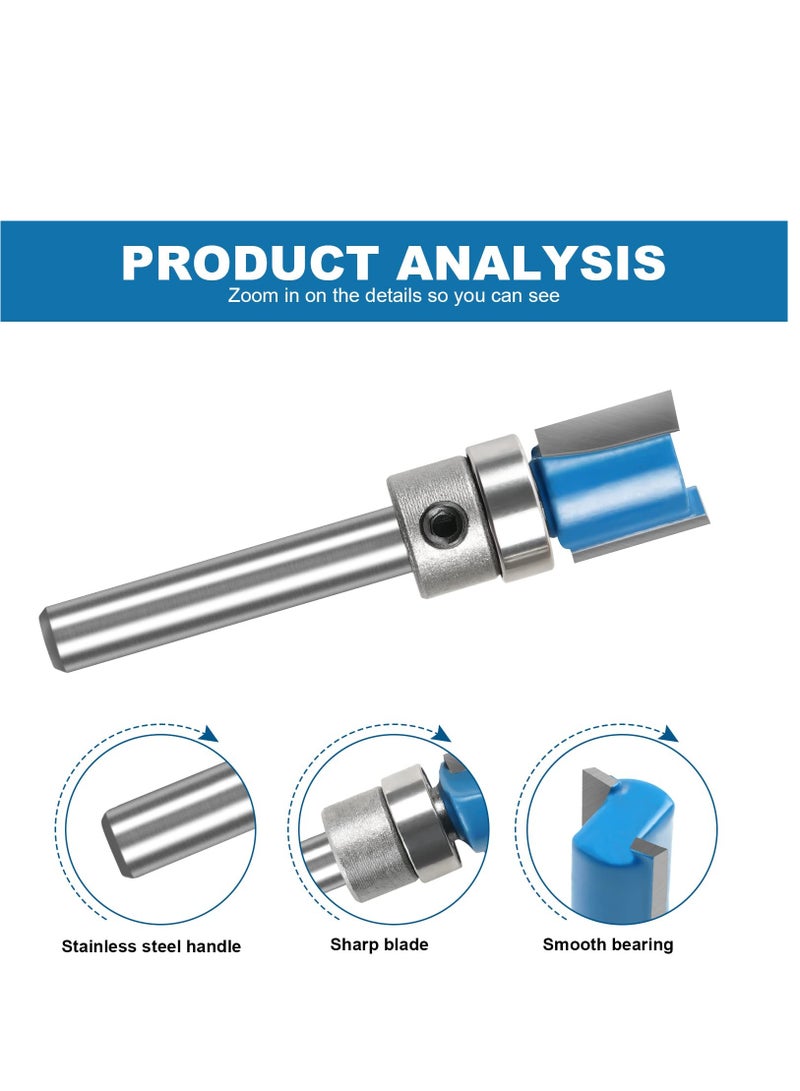 SOLARAE مجموعة بتات التوجيه المستقيمة، 3 قطع 1/4 شاك فلش تريم بت، مجموعة بتات فلش تريم للنمط، أداة قاطع الطحن مع محمل علوي للنجار DIY للأعمال الخشبية - Image 3