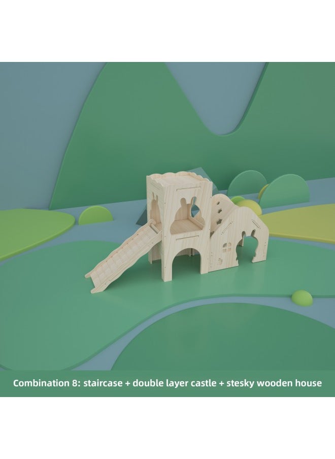 Pet Toys Dwarf Rabbit Wooden Castle Tunnel Boredom Shelter House Supplies Furniture Nest Chinchilla Unpainted Staircase-Color:Package 8  - Image 1