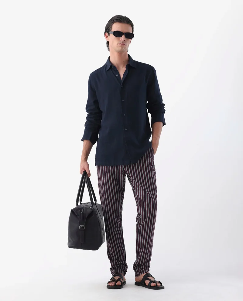 Rare Rabbit Rare Rabbit Mens Kimo Maroon Linen Blend Blend Regular Fit Stripe Trouser