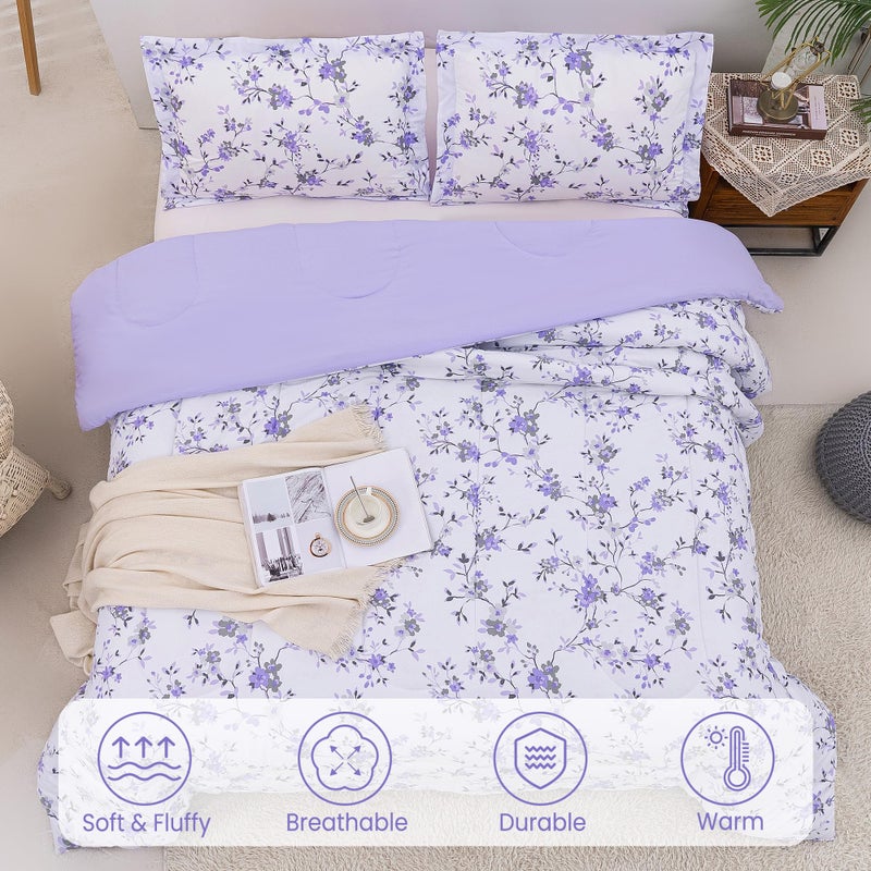 Mooreeke Floral Full Size Comforter Sets, Lightweight Purple Lavender Botanical Printed Bedding for All Seasons, 3-Piece Vintage Bed in a Bag with Fluffy Quilted Reversible Comforter & 2 Pillow Shams - Image 2