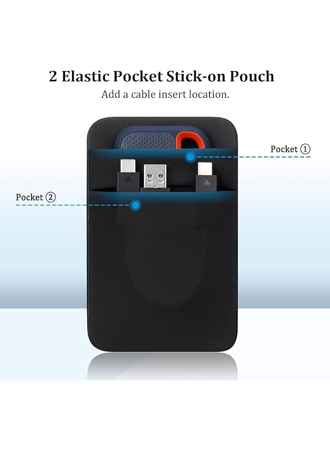 Lacdo Portable Hard Drive Sleeve for Laptop, 2-Pocket Stick on Pouch with Reusable Adhesive, for San Disk, Samsung, Crucial, Portable External Solid State Drive SSD Hard Drive Carrying Case, Black - Image 2