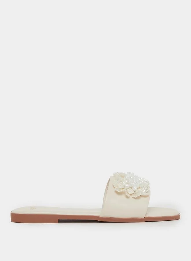 Beige Pearl Embellished Flat Sandals