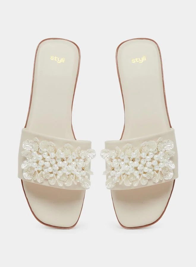 Styli  Beige Pearl Embellished Flat Sandals for Women | Best Price UAE