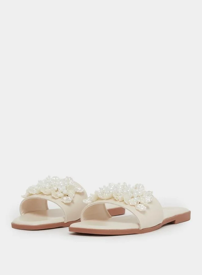 Styli  Beige Pearl Embellished Flat Sandals for Women | Best Price UAE