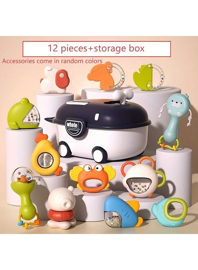 Baby Rattle Toy Set With Storage Cart 12 Pcs Sensory Play Newborn Gift - Image 1