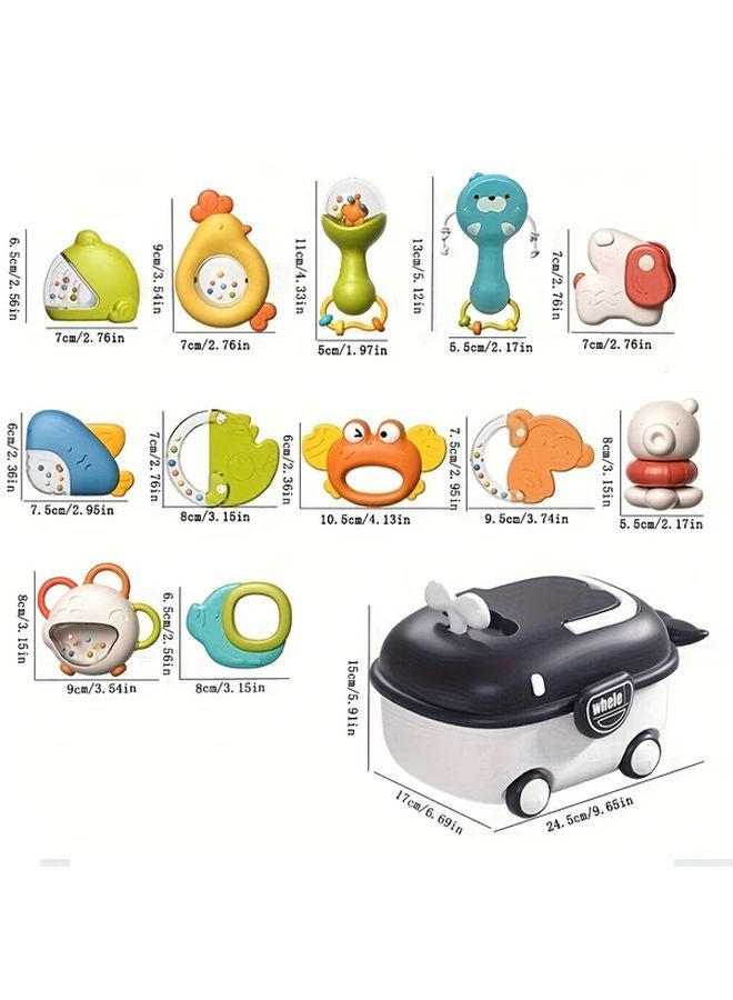 Baby Rattle Toy Set With Storage Cart 12 Pcs Sensory Play Newborn Gift - Image 3
