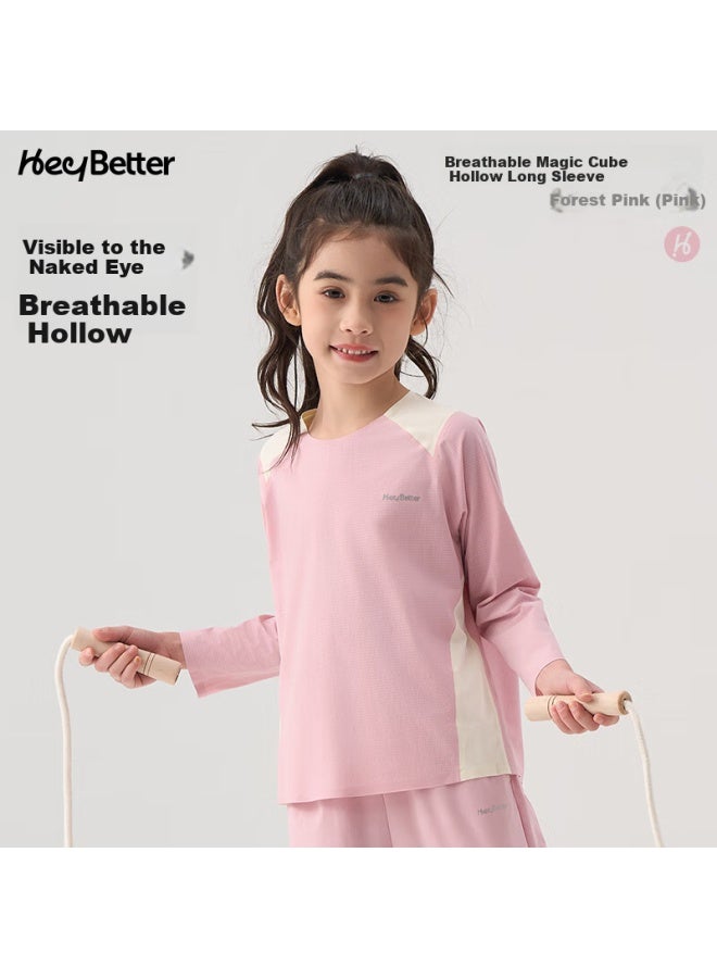 Heybetter Kids' Long Sleeve T-Shirt Breathable Moisture-Wicking Quick-Drying Spring Summer Top Cool Feeling Top Forest Pink (Pink) 170 - Image 1