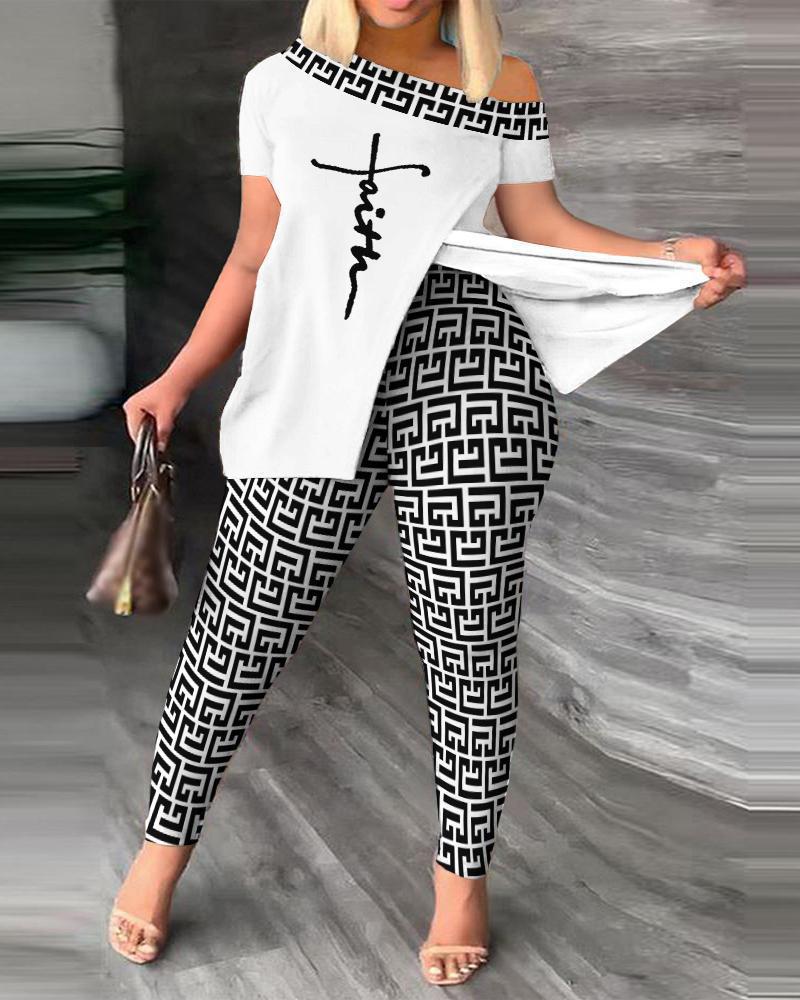 2026 Autumn European and American Women's Fashion Two-Piece Set with Slanted Neckline and Printed Pants