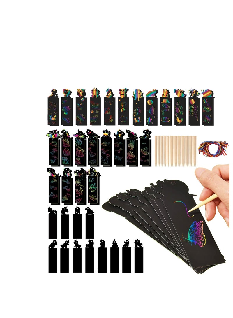 KASTWAVE Scratch Art Magic Rainbow Bookmarks for Kids Children, Animal Craft DIY Paper Scratch Art Gift Tags with 60 Colorful Ropes and 30 Stylus for Classroom Gifts, Party Bags Filler for Kids (60Pcs) - Image 1