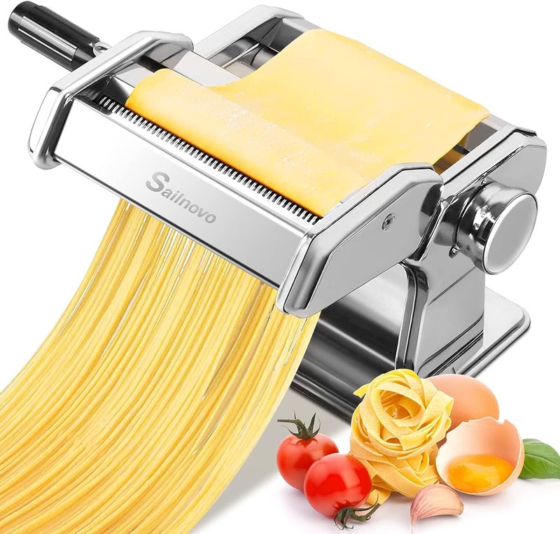 Sailnovo Pasta Maker Machine, 180 Roller Pasta Maker, 9 Adjustable Thickness Settings 2-in-1 Noodles Maker with Rollers and Cutter, Perfect for Spaghetti, Fettuccini, Lasagna or Dumpling Skin Silver - Image 1