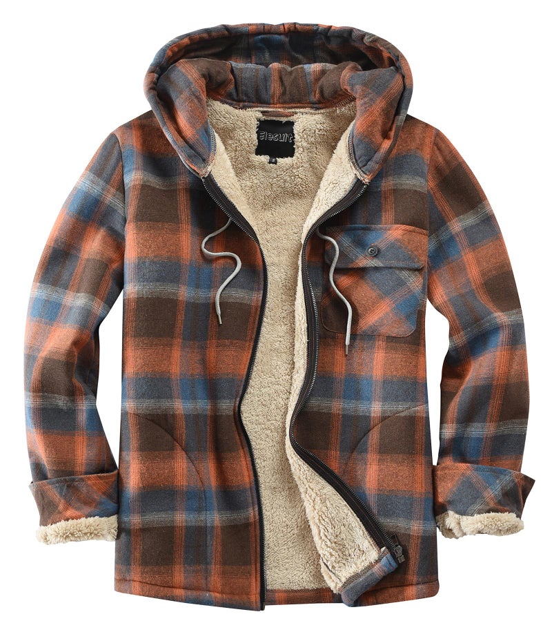 Elesuit Mens Fleece Jackets for Men Sherp Plaid Flannel Sweatshirt for Men Zip Hooides Orange Medium