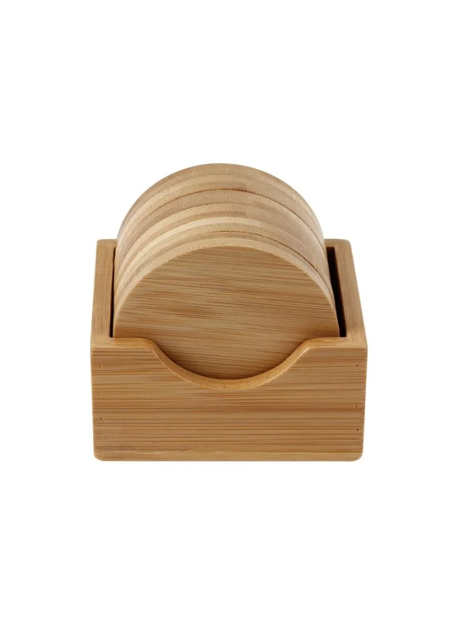 DANUBE HOME Loretta 6-Piece Bamboo Coaster Set with Holder Bamboo Coasters for Glasses Glass Coasters Wood Round for Drinks Bar Cups Glass Cup Coasters Table Coasters Dia 9 x 1.2cm