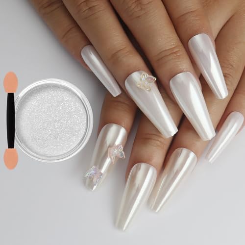 Allstarry Pearl Chrome Nail Powder Iridescent Aurora White Chrome Nail Powder Metallic Mirror Effect White Glitter Clear Nail Chrome Powder for Nails Pearls Nail Accessories for Nail Art Salon DIY - Image 1