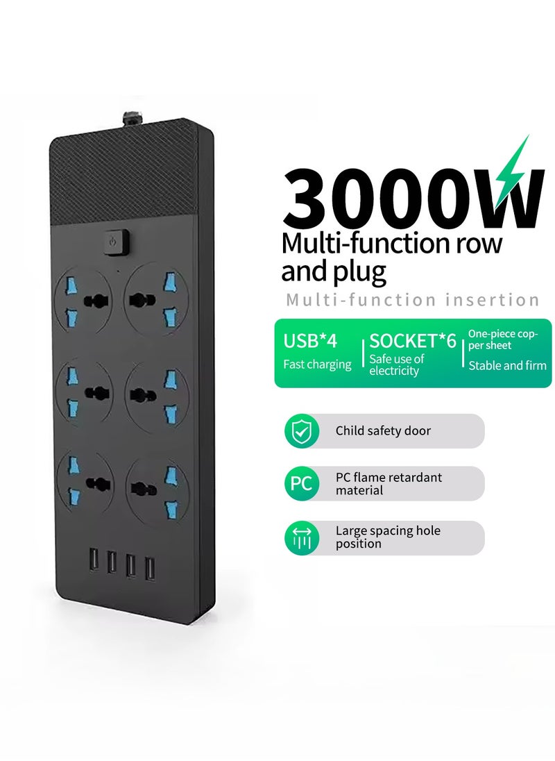 POWER - 3000W 6 Power Socket Anti-static Power Socket with 5 USB Ports Universal Charging Socket with 2M Bold Extension Cord - Image 1
