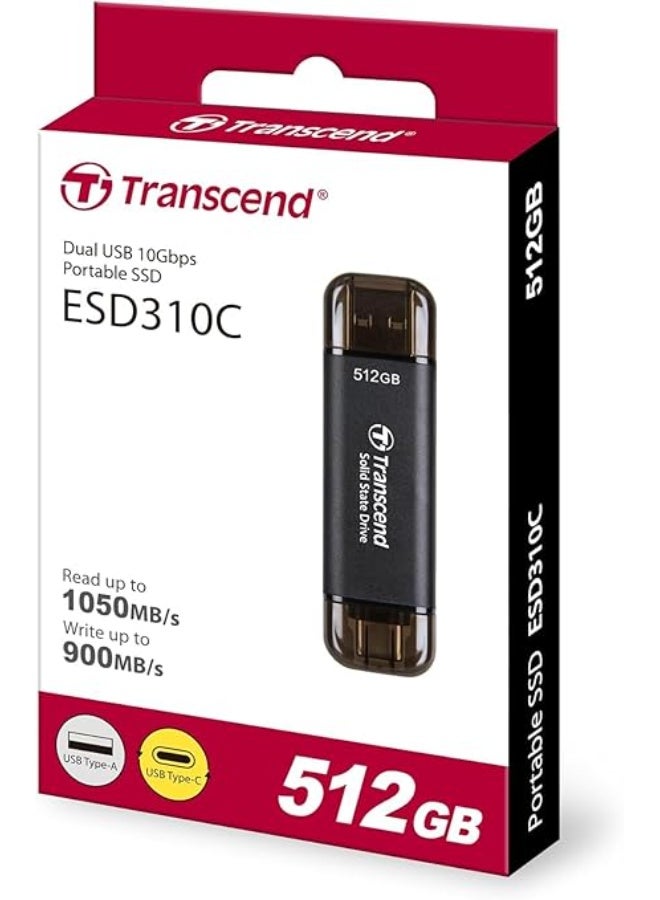 ترانسيند 11 (Transcend 512GB ESD310C External Portable SSD, Read Up to 1,050 MB/s, with Both Port USB Type-A & USB Type-C, 5 Year Warranty, USB 10Gbps, TS512GESD310C, Black - Image 2