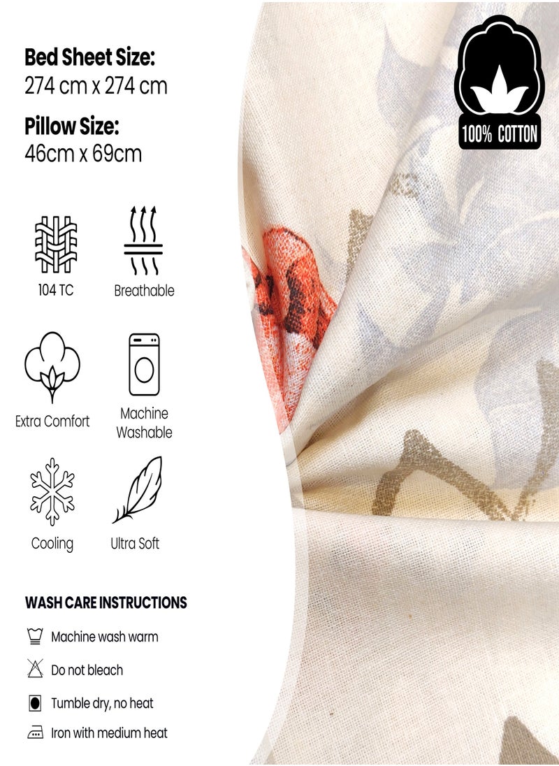 Raymond - Raymond Home King Flat Sheet Bedsheet 104 Thread Count Luxirious Mercerised 100% Cotton Bedding Printed Eco Friendly Percale Finish Bed Linen with 2 Pillow Case - Peach (274 * 274 CM) - Image 1