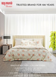 Raymond Raymond Home King Flat Sheet Bedsheet 104 Thread Count Luxirious Mercerised 100% Cotton Bedding Printed Eco Friendly Percale Finish Bed Linen with 2 Pillow Case - Peach (274 * 274 CM)  - Image 3