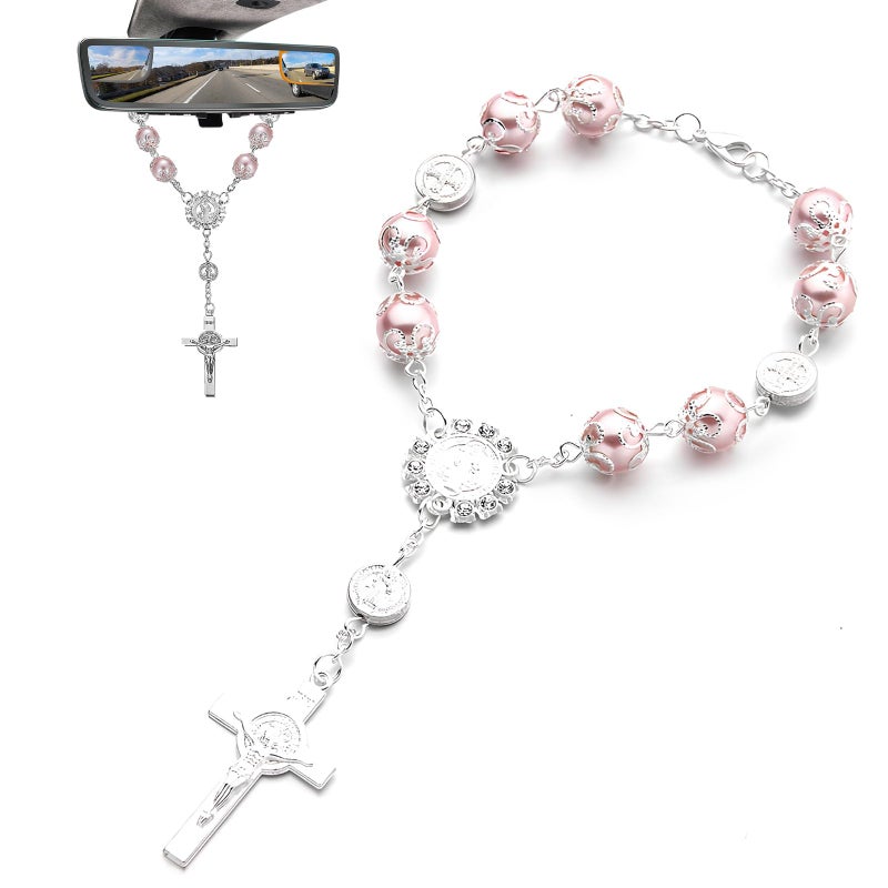 SHMZK Car Rosary for Rearview Mirror Personalized Blessing Hanging Pendant for Car Rear View Mirror Cross Rosary Ornament Interior Decor for Most Vehicles Car Accessories Pink - Image 3