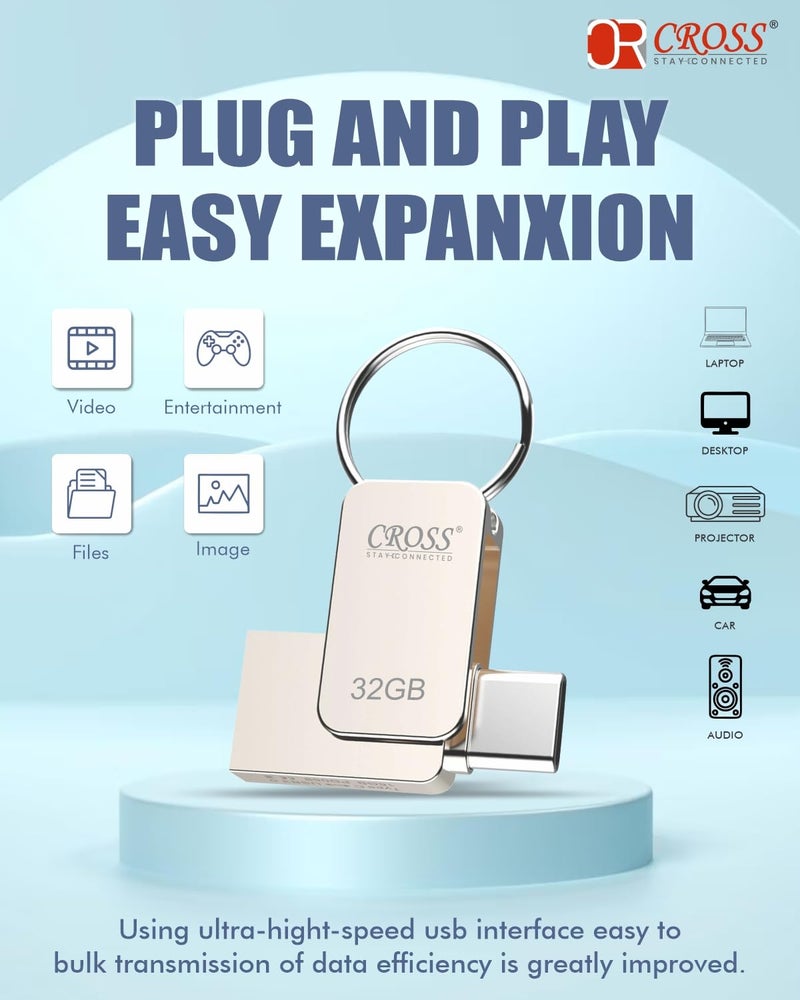 CROSS Pendrive 2 in 1 Flash Drive with, USB A, Type-C Interface Mini Hangable PenDrive for Android Compatible with Phone, Pad, Android, PC and More Devices (32 GB, CROSS 2 in 1 USB - Type-C PENDRIVE) - Image 3