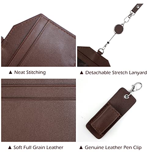boshiho Office Badge Holder - Boshiho Genuine Leather Credit ID Card Holder with Stretch Neck Lanyard Vertical Style (Brown) - Image 4