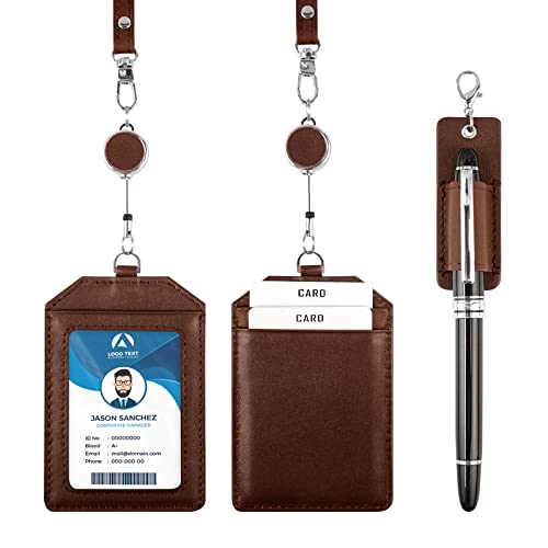 boshiho Office Badge Holder - Boshiho Genuine Leather Credit ID Card Holder with Stretch Neck Lanyard Vertical Style (Brown) - Image 1