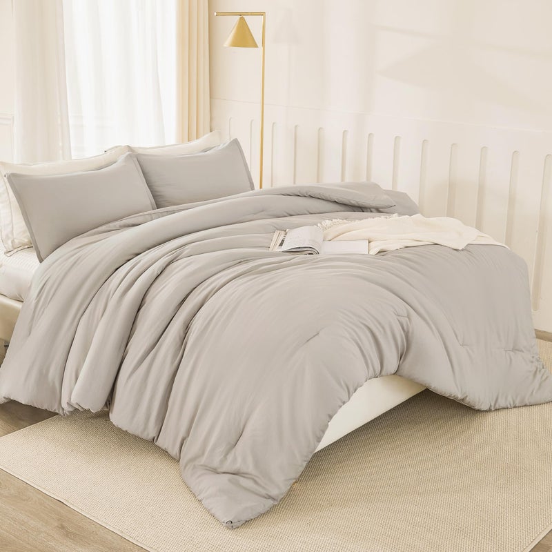 Litanika Litanika Linen Grey Comforter Set Queen Size  3 Pieces Lightweight Solid Bedding Comforter Set  All Season Fluffy Bed Set (90x90In Comforter & 2 Pillowcases)  - Image 5