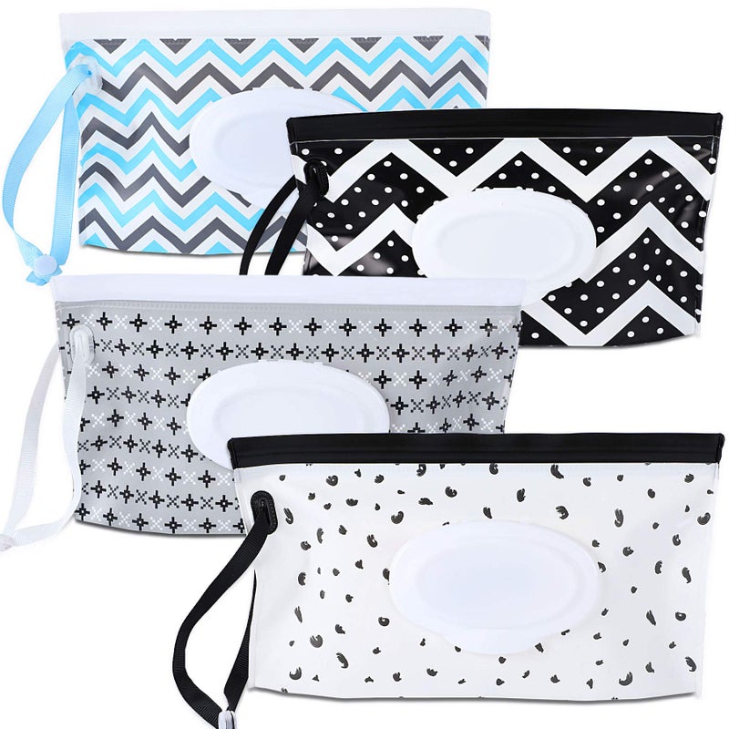 FEBSNOW FEBSNOW 4 Pack Baby Wipe Dispenser Portable Refillable Wipe Holder Baby Wipes Container Wipe Dispenser Reusable Travel Wet Wipe Pouch Geometric 