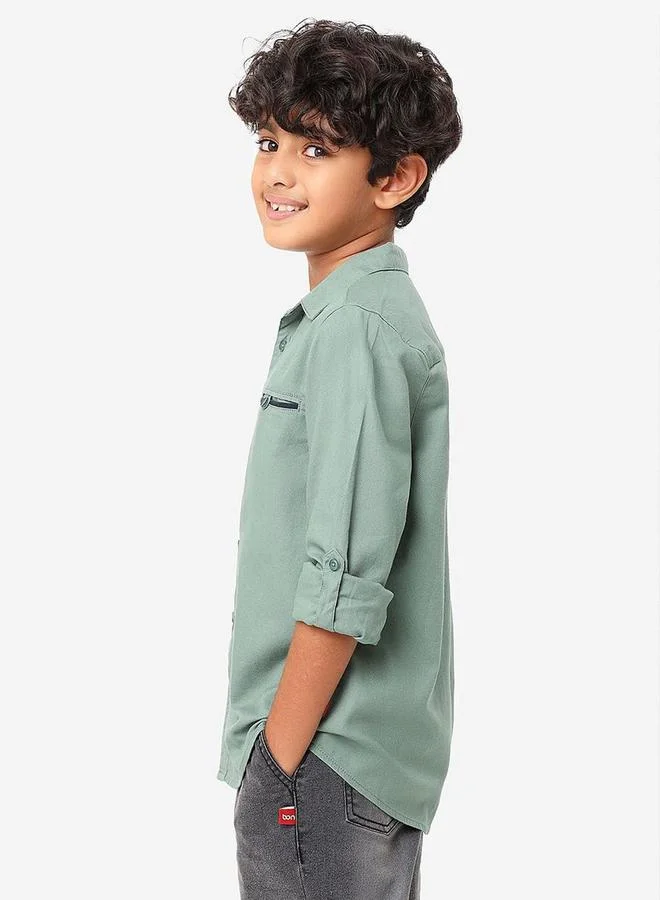 Bonkids Regular Long Sleeve Printed Green Cotton Shirt 100 % Cotton