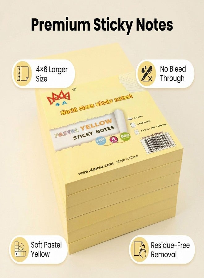 4A 6 Pads Sticky Notes 4x6 in, Yellow Sticky Notes Self-Stick Note Pads, Large Memo Pads for Office Back to School Supplies,100 Sheets/Pad, 600 Sheets Total, 4A 406x6-Y - Image 3