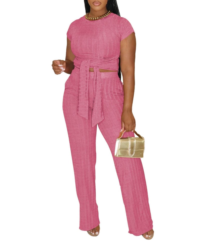 HBQ Women's Summer 2 Piece Outfits Lounge Sets Short Sleeve Belted Crop Tops Wide Leg Pant Sets Casual Tracksuit-Pink-L - Image 1