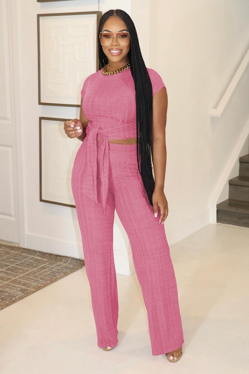 HBQ Women's Summer 2 Piece Outfits Lounge Sets Short Sleeve Belted Crop Tops Wide Leg Pant Sets Casual Tracksuit-Pink-L - Image 2