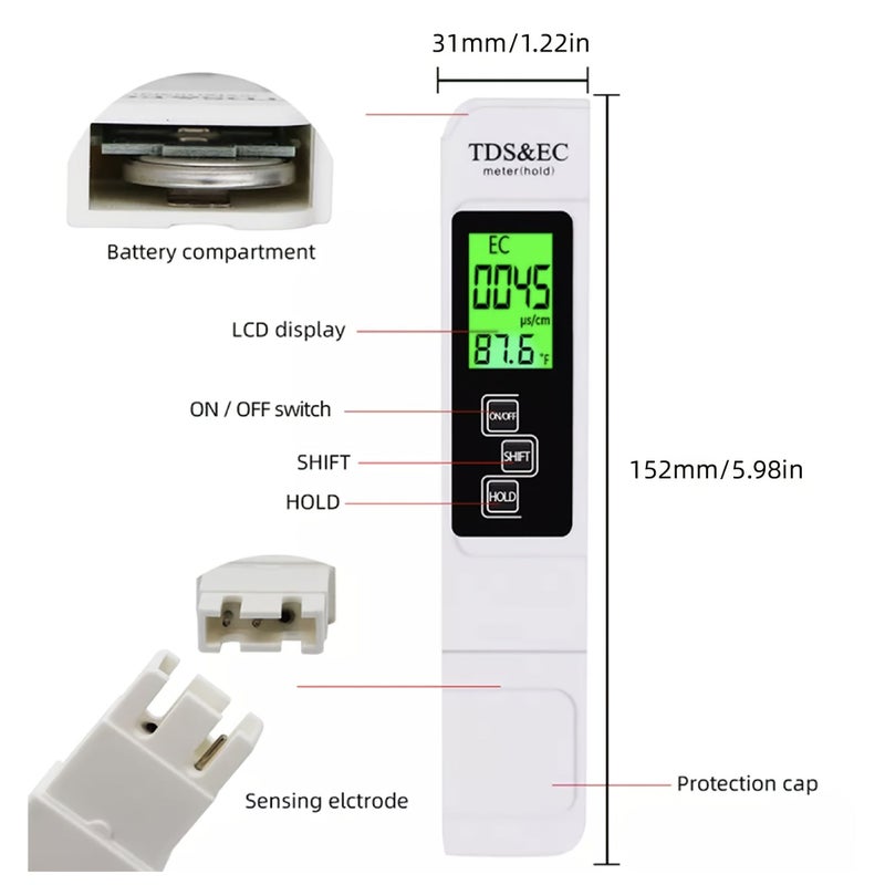 Digital LCD 3 In 1 Multi Function Test Meter Water Quality Tester Pen Blue LED - Image 2
