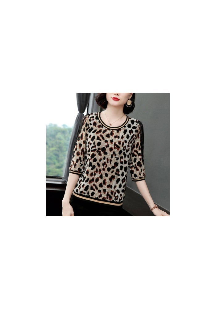 Fashionable leopard print T-shirt for Women 2020 early autumn new three-quarter sleeve round neck loose slimming plus size lace top fashion - Image 1
