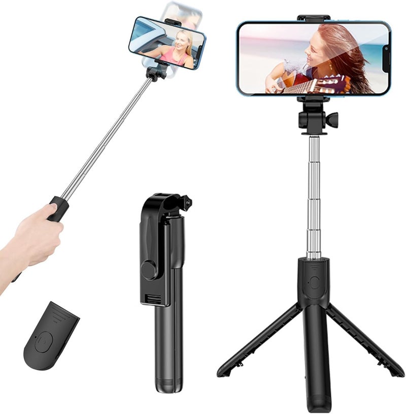HOLD UP Selfie Stick, Extendable Selfie Stick with Wireless Remote and Tripod Stand, Portable, Lightweight, Compatible with All Smartphone and Mobile (Black) - Image 1