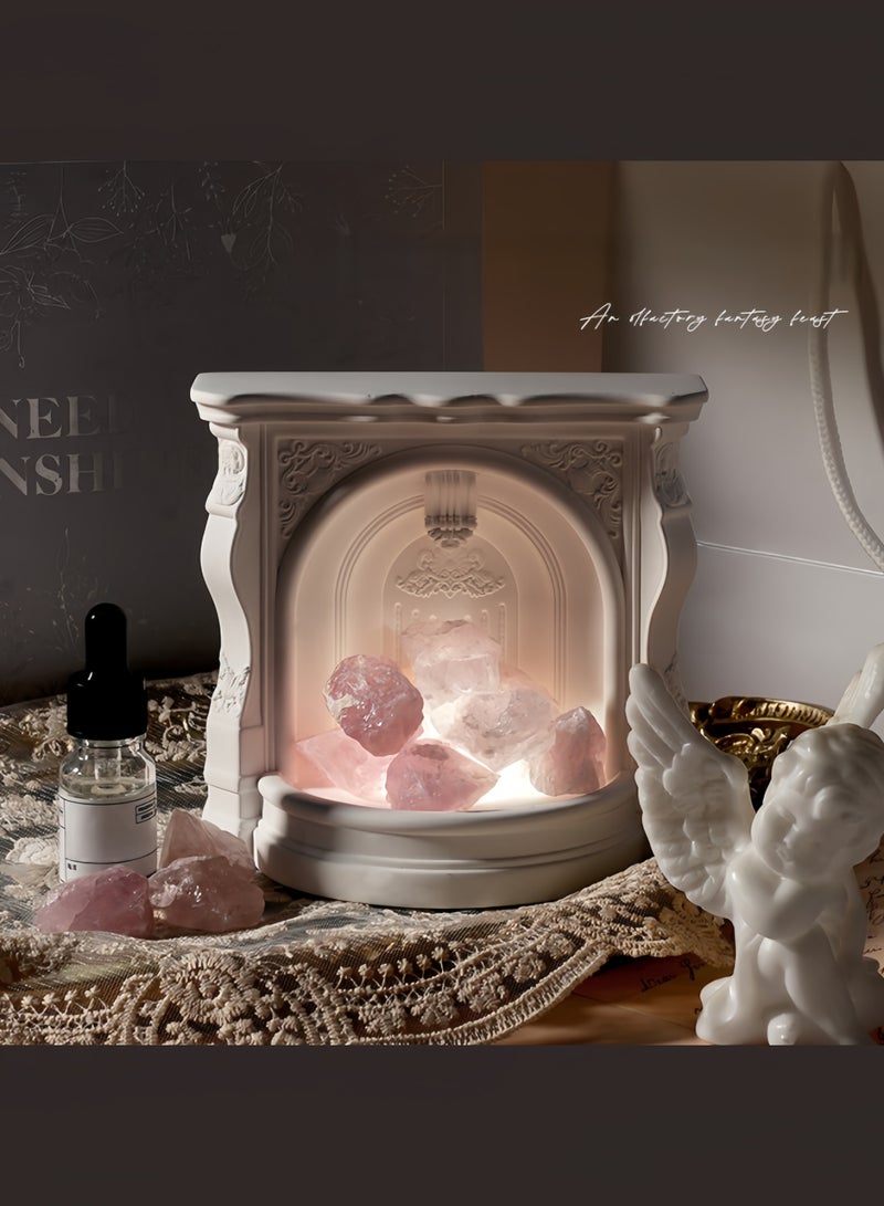 مصباح عطري على شكل موقد كلاسيكي مع كريستالات وردية وتمثال خيالي – تصميم أوروبي بارز وعلبة هدايا بيضاء أنيقة، تجربة مزدوجة: ضوء دافئ + علاج عطري، مثالي للديكور المنزلي والهدايا (الزيوت الأساسية غير مشمولة) - Image 1