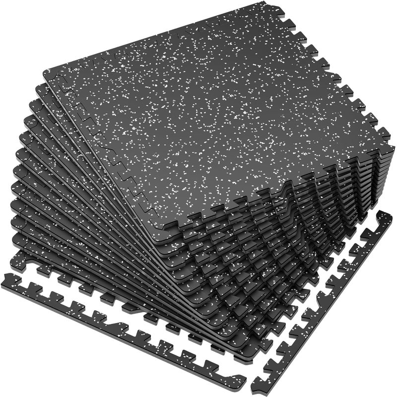 SUPERJARE SUPERJARE 056 Thick 12 Pcs 48 Sq Ft Rubber Top Exercise Equipment Mats High Density EVA Foam Mats with Rubber Top Interlocking Gym Flooring for Home Gym Protective Workout Mat BlackGrey