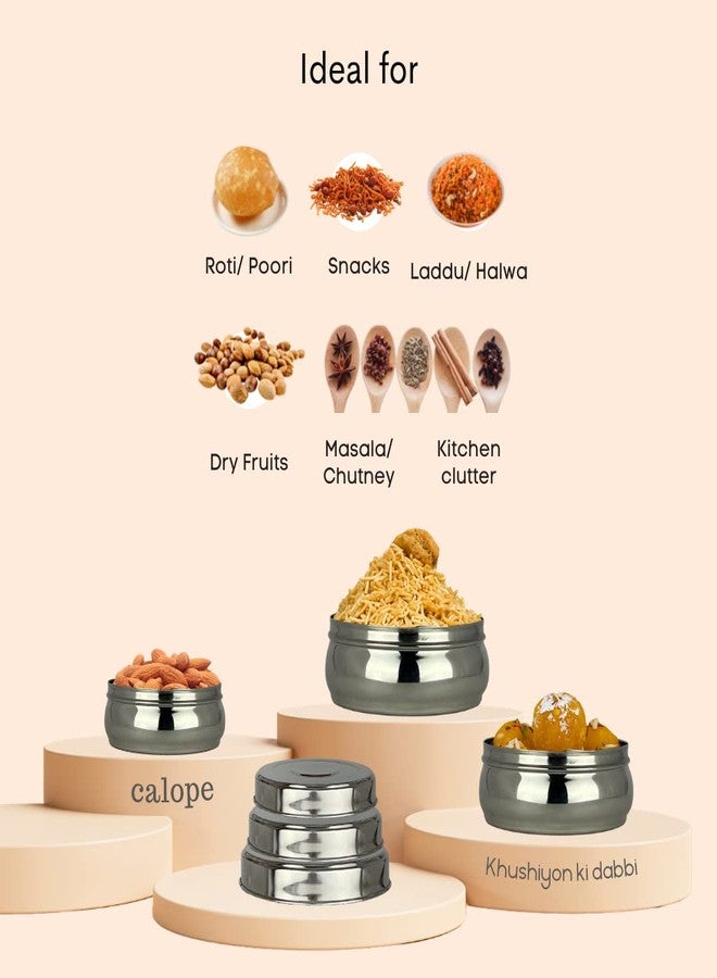 CALOPE Set Of 3 Stainless Steel Jar/Kitchen Dabbi/Food Grade Conatiner/Canister/Poori Dabba For Hot & Fridge Storage (750Ml, 550Ml, 350Ml)- Belly Shaped Flat Base With Lid, Blue - Image 4
