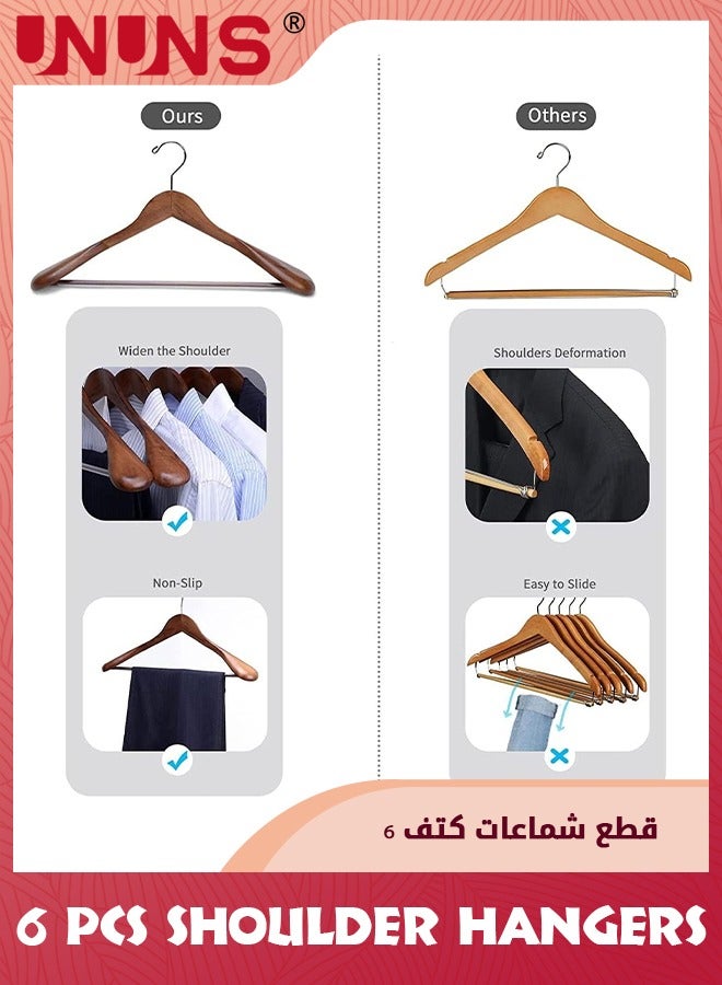 UNUNS Wide Shoulder Wooden Hangers,6 Pcs 100% Solid Wooden Clothes Hanger With Non Slip Pants Bar,Smooth Finish 360° Swivel Hook Wood Suit Hanger Heavy Coat Hangers For Closet Dress Jacket,Vintage - Image 2