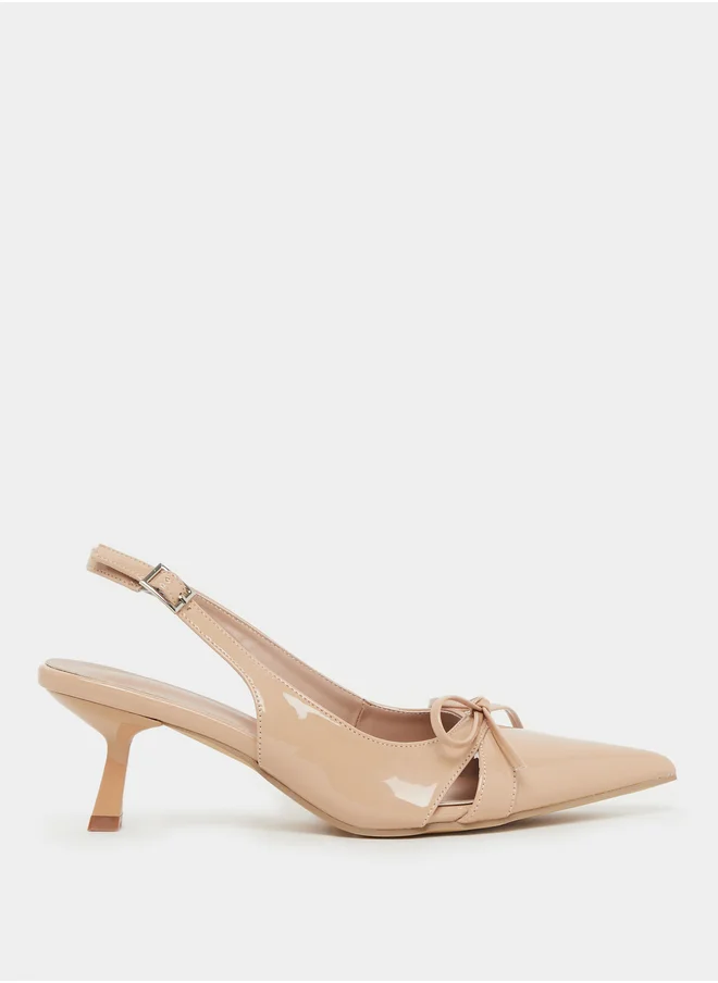 Styli Bow Trim Pointed Toe Kitten Heel Slingback Shoes
