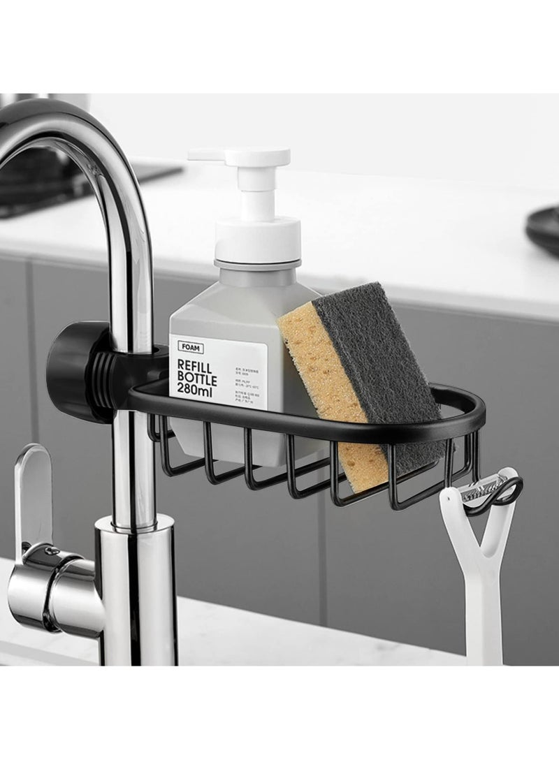 SOLARAE Faucet Rack, Sponge Holder for Kitchen & Bathroom Stainless Steel Adjustable Faucet Rack for Holding Sponge/Soap/Shampoo/Shower Caddy Shelf Detachable Faucet Rack (Black) - Image 1