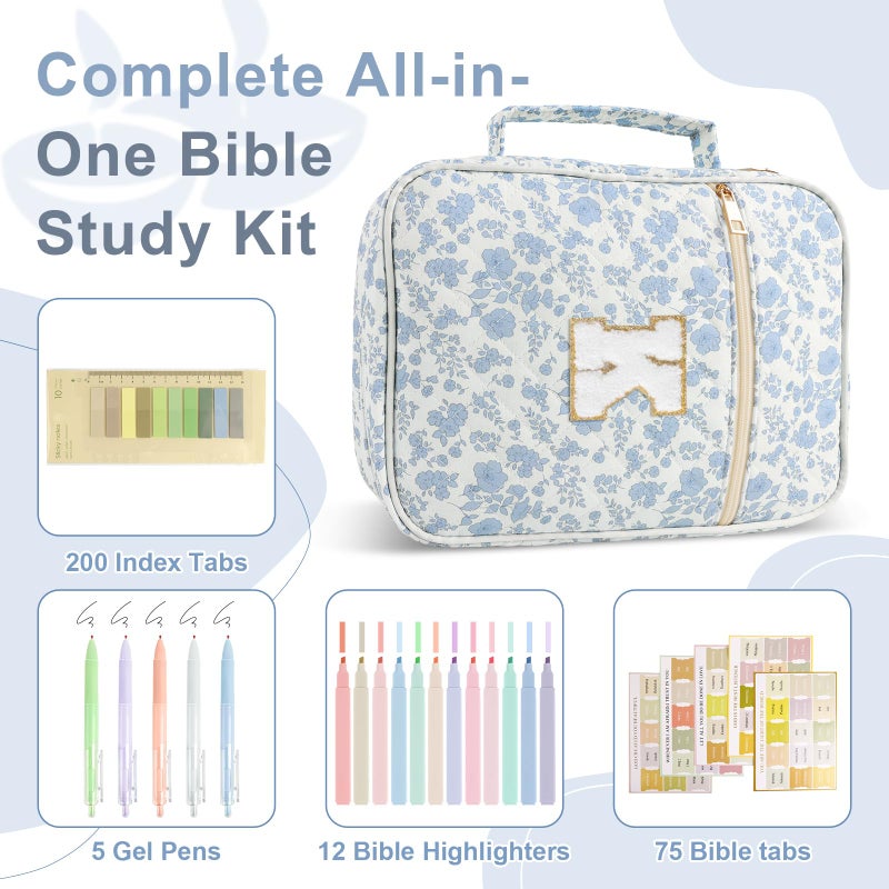 Iqimott Personalized Initial Bible Cover Case for Women Girls Kid - Large Quilted Bible Case with Handle, Stylish Chenille Letter Bag Study Supplies, Perfect Christmas Gifts for Christians (Blue Flower-K) - Image 3