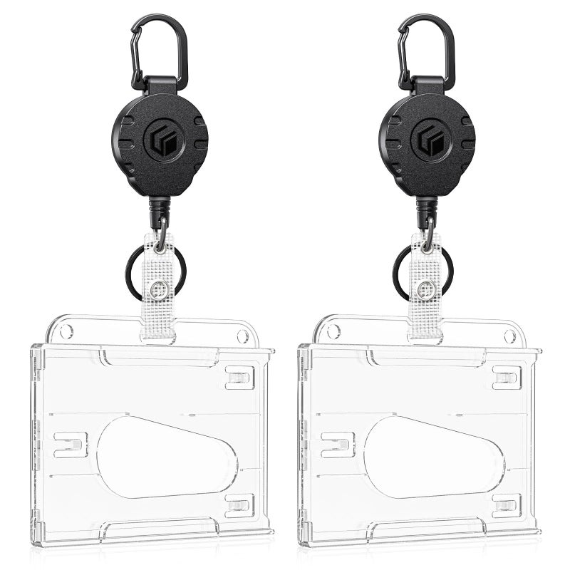 Uniclife 2 Pack Thumb-Slot Badge Holder 2-Card Horizontal Clear Plastic Case with Retractable Keychain Badge Reel for up to 8 oz Hard Card Protector for IDs Credit Cards Driverâ€™s Licenses and Passes - Image 1