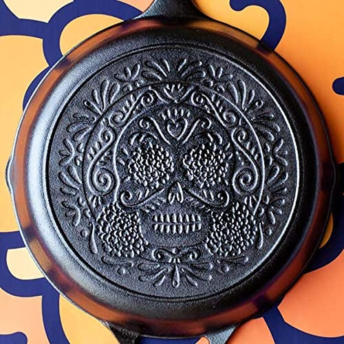 Lodge 10.25 Inch Pre-Seasoned Cast Iron Stamped Skillet Electric Blue Silicone Hot Handle Holder - Reusable Heat Protection Up to 500° - Sugar Skull - Image 4