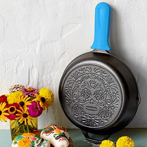 Lodge 10.25 Inch Pre-Seasoned Cast Iron Stamped Skillet Electric Blue Silicone Hot Handle Holder - Reusable Heat Protection Up to 500° - Sugar Skull - Image 2